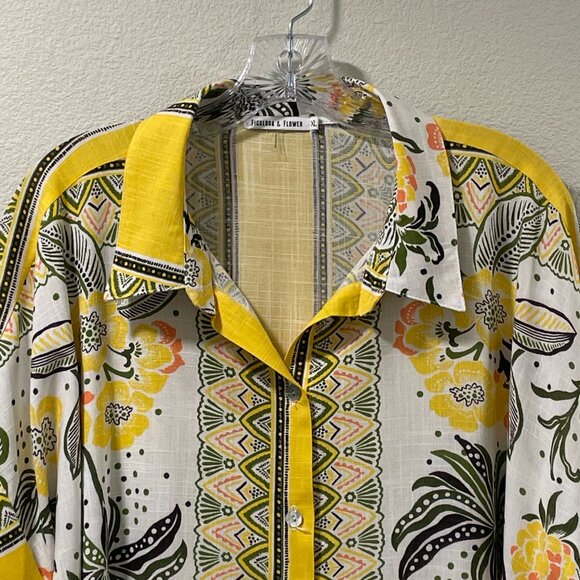 FIGUEROA & FLOWER (NWT) Short Sleeve Button Down Border Print Top, Yellow - XL - Picture 5 of 9